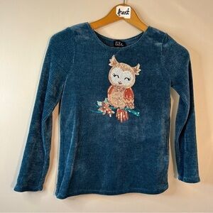 lilt Teal Blue Long Sleeve Top Sequin Owl Girls 10 great preworn condition